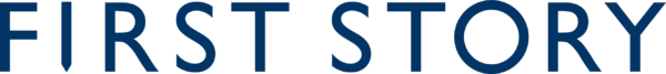 Graphic logo with blue text that reads First Story